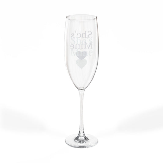 Engraved 8oz Champagne Flute – 'She’s the Mrs.' Bridal Toast Glass