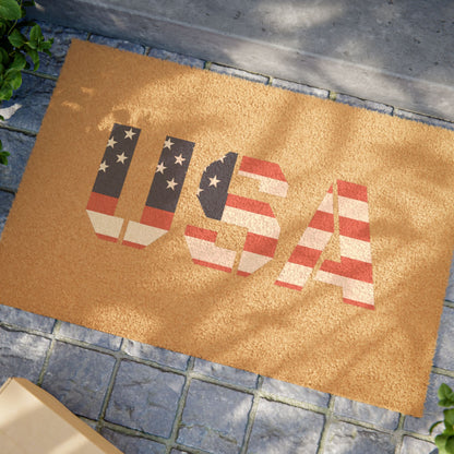 USA flag doormat featuring patriotic stars and stripes, ideal as a welcome mat for 4th of July or Americana-themed decor.