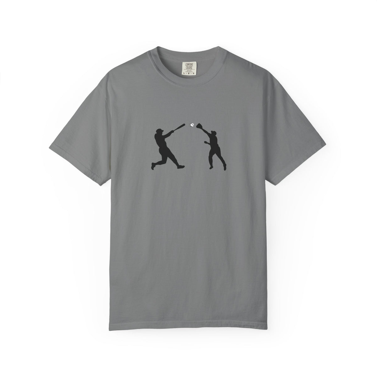Black baseball silhouette graphic T-shirt for men, featuring minimalist baseball player design on cotton fabric.