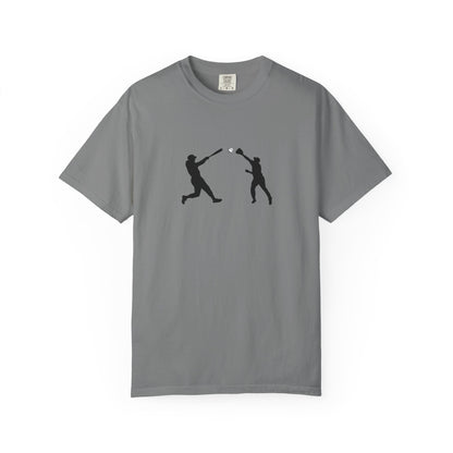Black baseball silhouette graphic T-shirt for men, featuring minimalist baseball player design on cotton fabric.