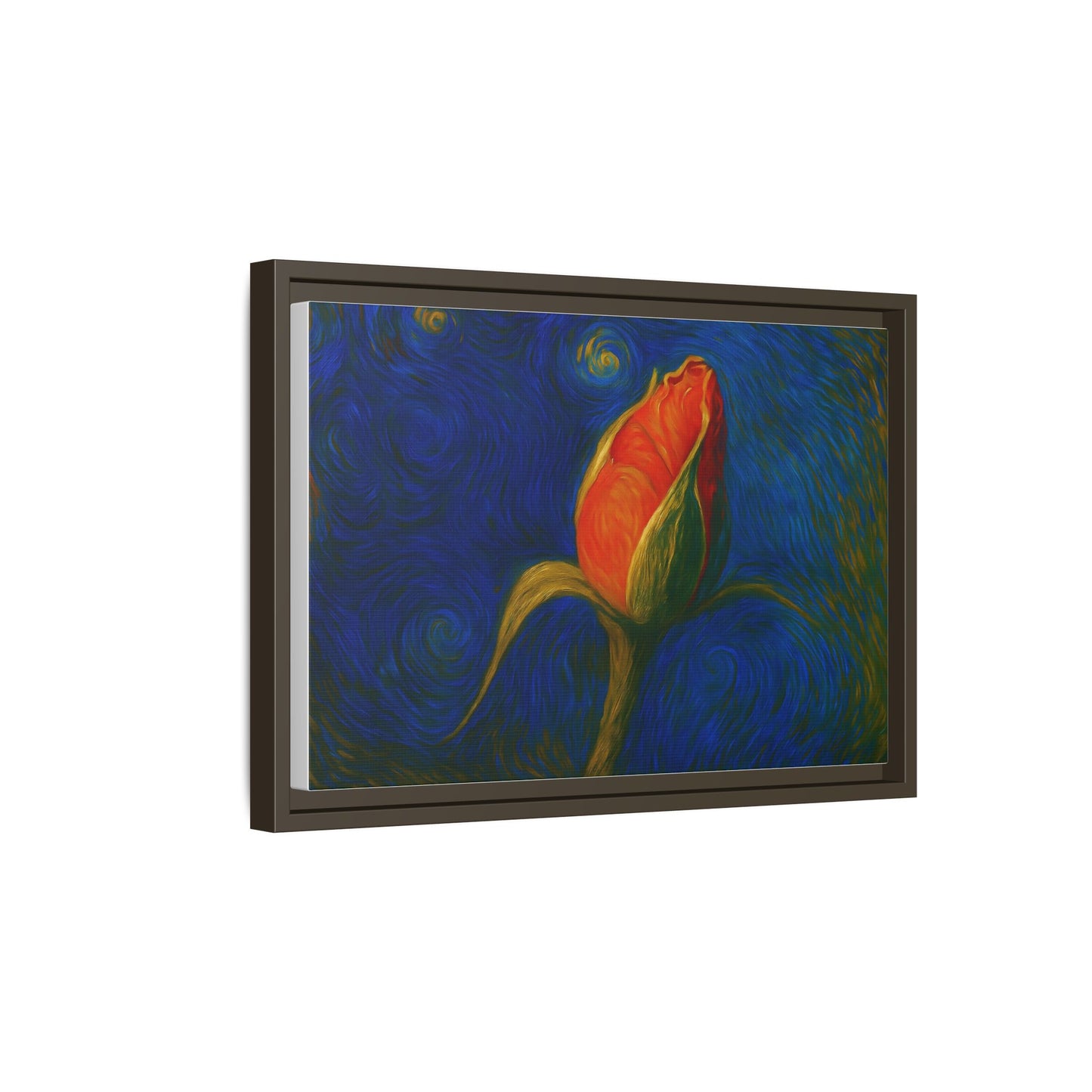 Red rose bud painting on framed canvas wall art, featuring a matte floral design by Printify.