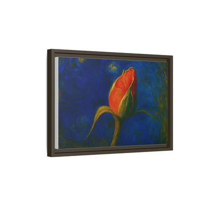 Red rose bud painting on framed canvas wall art, featuring a matte floral design by Printify.