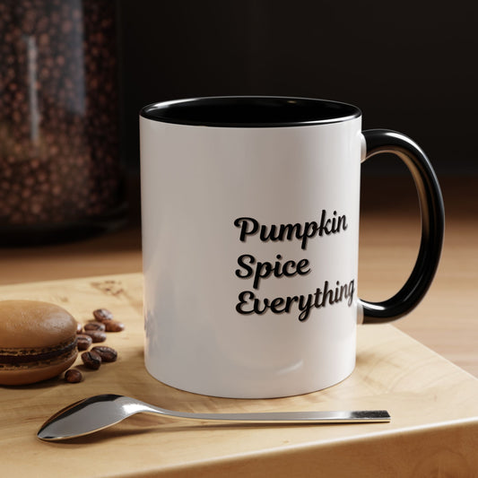 Pumpkin Spice Everything Accent Coffee Mug by Printify, fall-themed 11oz ceramic coffee cup with seasonal pumpkin design.