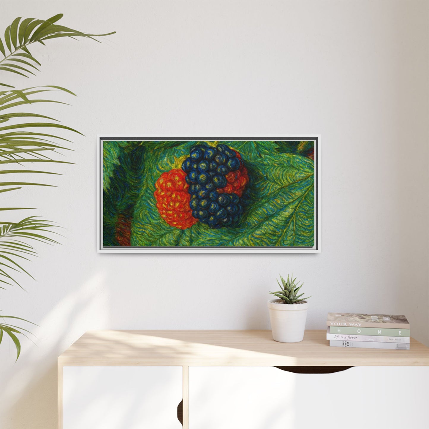 Blackberry still life canvas print by Printify featuring a framed artwork of ripe blackberries on a textured canvas background.