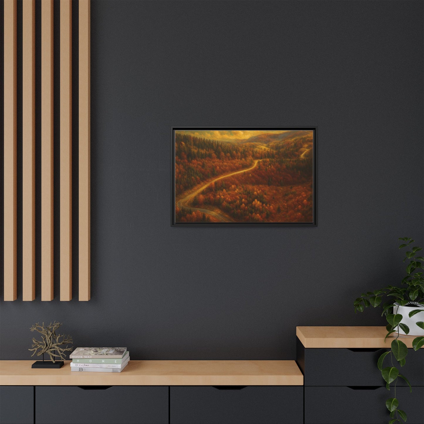 Framed matte canvas print of autumn forest road landscape wall art by Printify, showcasing vibrant fall trees and a winding path.