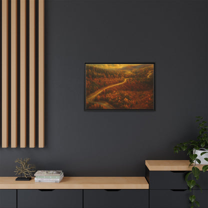 Framed matte canvas print of autumn forest road landscape wall art by Printify, showcasing vibrant fall trees and a winding path.