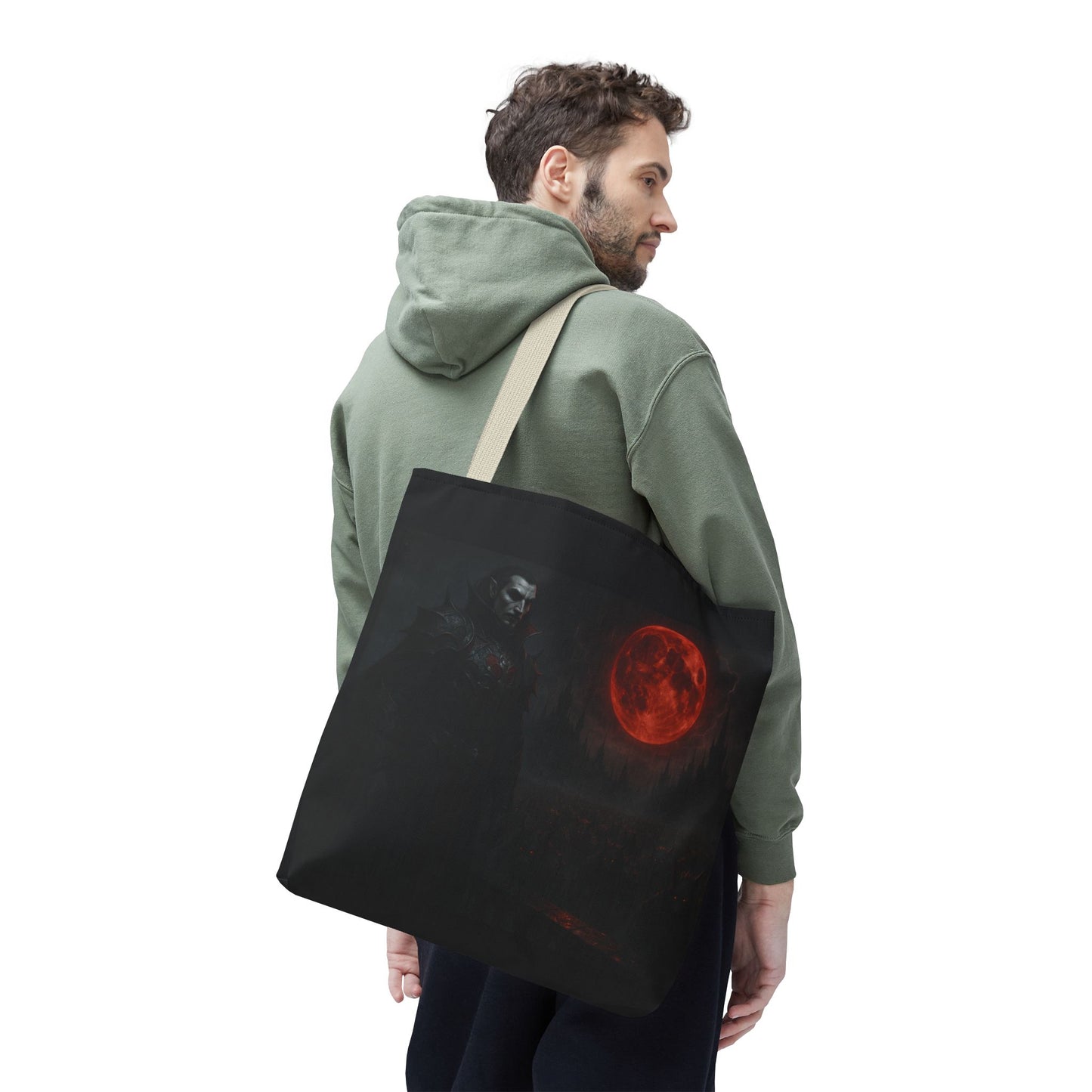 Gothic Dracula tote bag featuring moonlit vampire art, perfect for Halloween, by Printify.