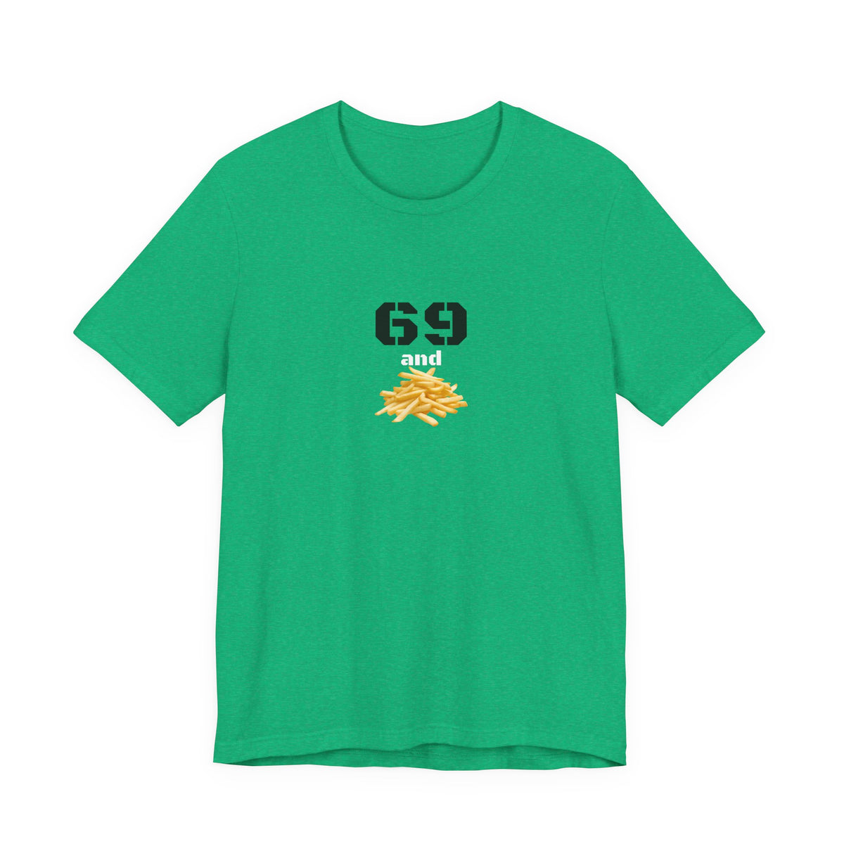 Unisex graphic T-shirt featuring a humorous 69 and French fries design, printed by Printify, casual and quirky fashion.