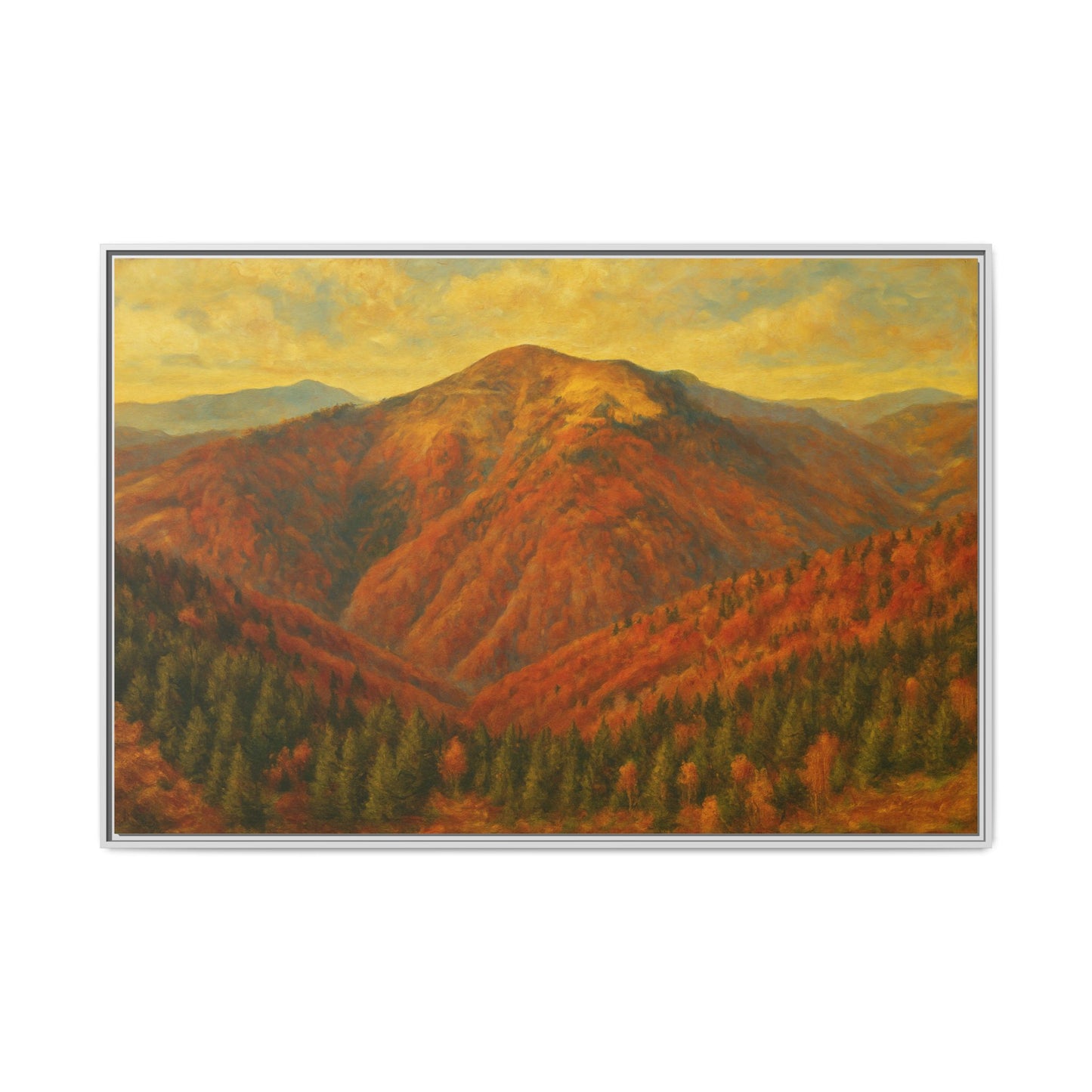 Autumn mountain scene printed on matte canvas framed wall art by Printify showing vibrant fall foliage and rugged mountain peaks.