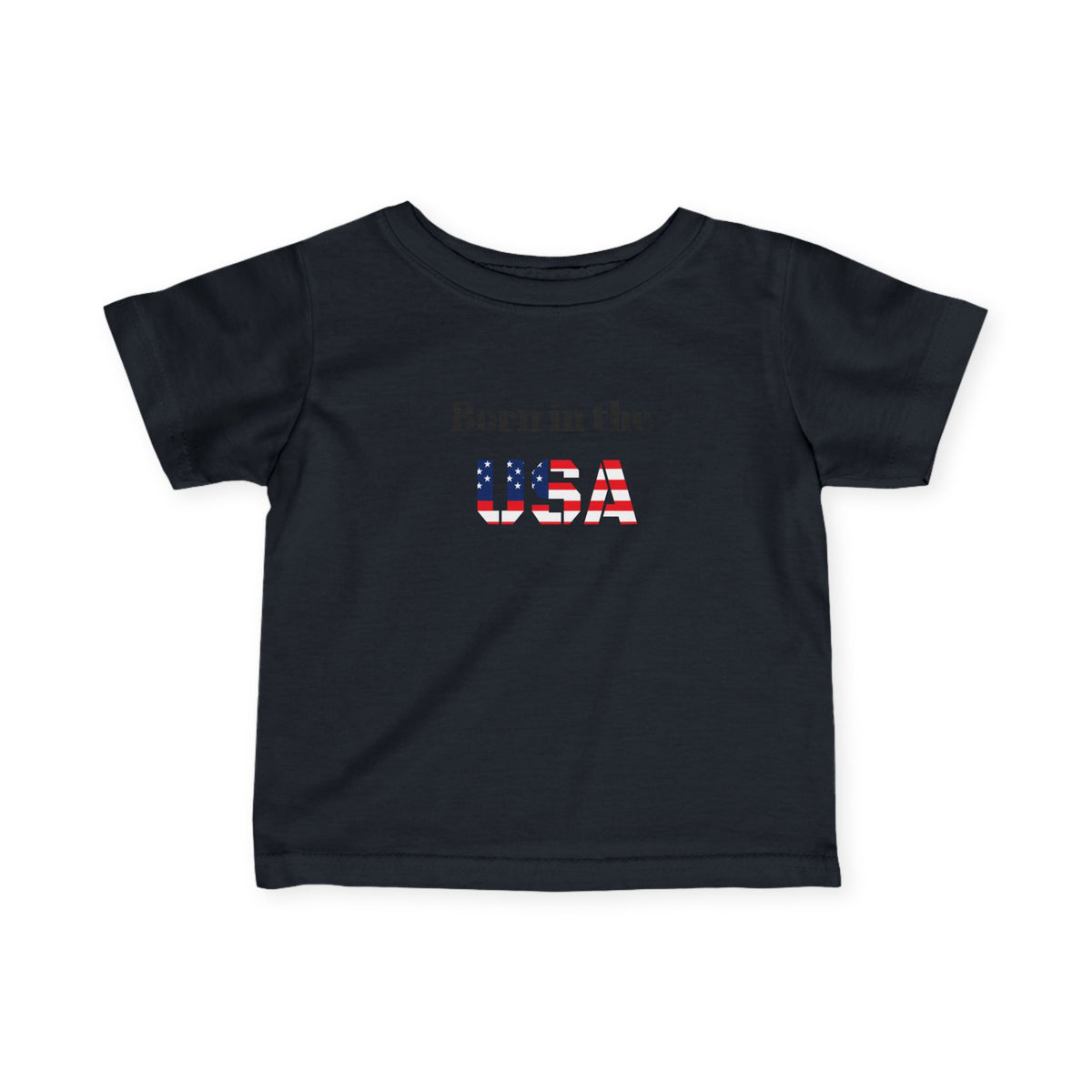 Baby's infant tee featuring "Born in the USA" patriotic design, soft cotton kids' T-shirt by Printify.