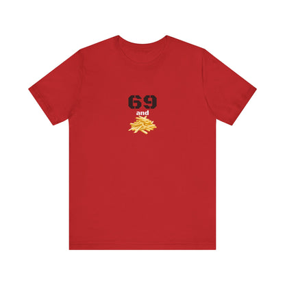 Unisex graphic T-shirt featuring a playful 69 and French fries design, in black with colorful print, by Printify.