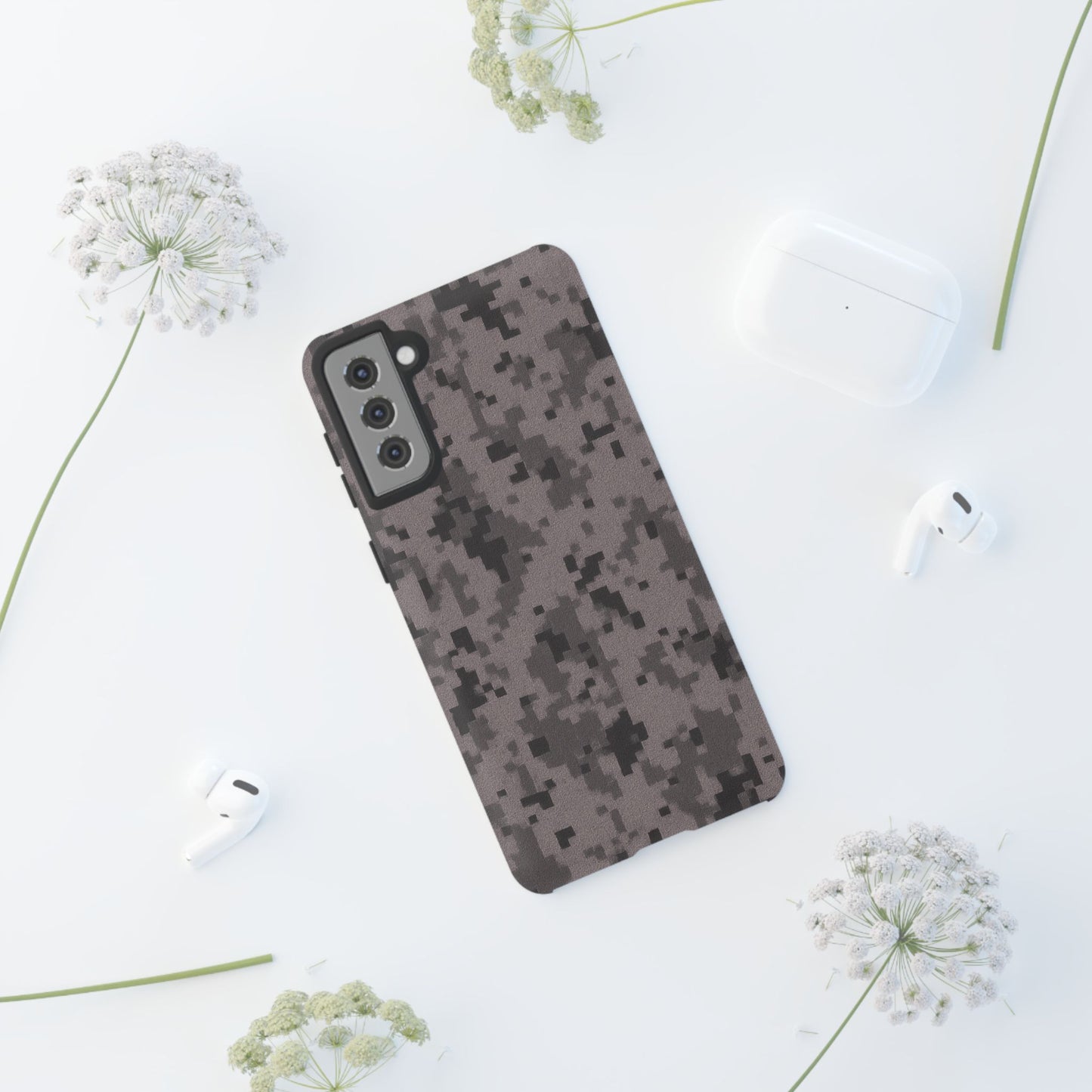 Gray digital camo phone case by Printify, rugged protective cover for smartphones with a camouflage pattern.