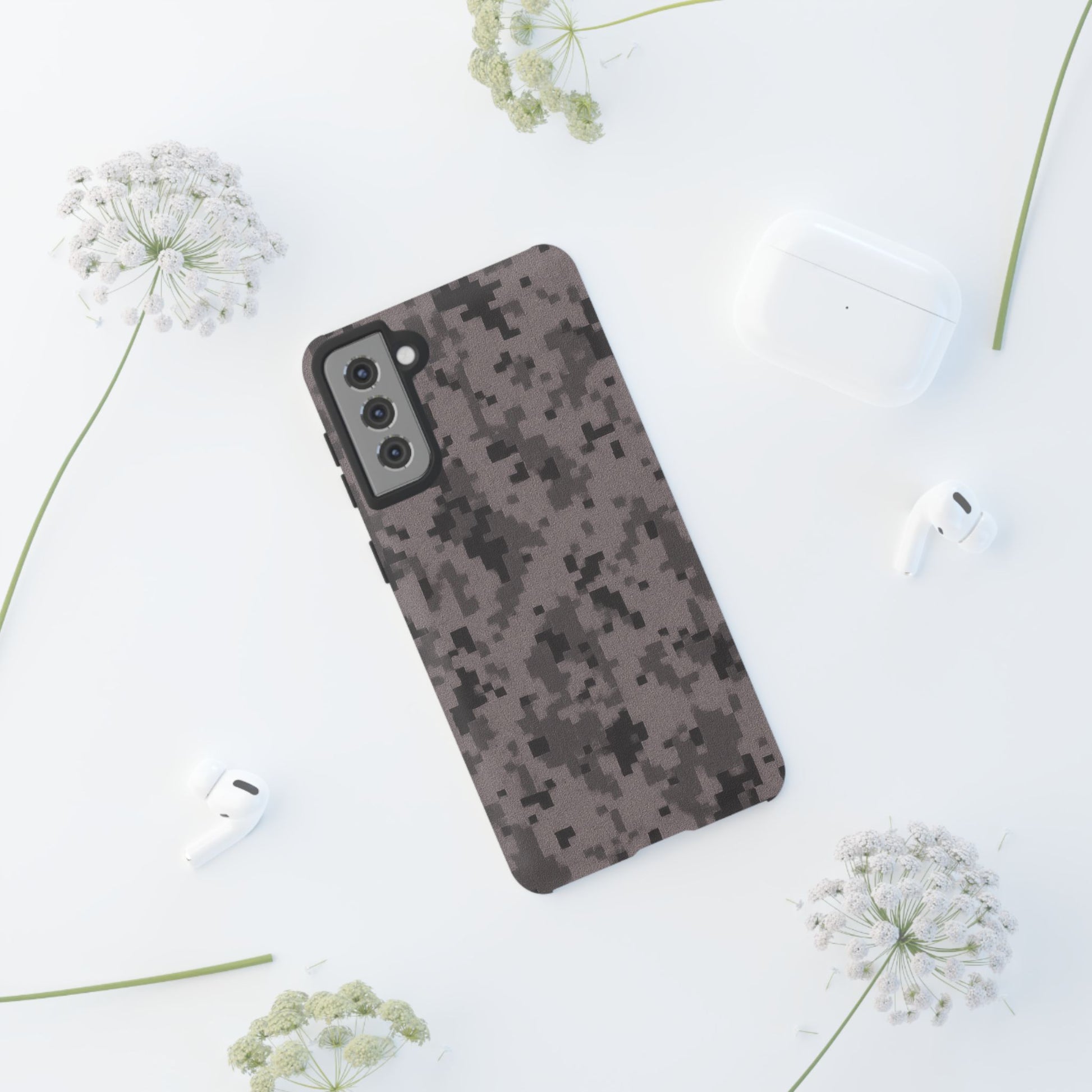 Gray digital camo phone case by Printify, rugged protective cover for smartphones with a camouflage pattern.