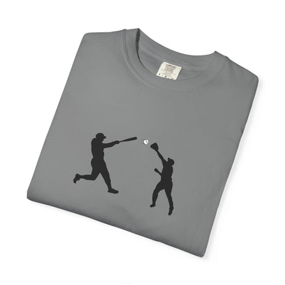 Black baseball silhouette graphic T-shirt for men, featuring a minimal baseball player design, by Printify.
