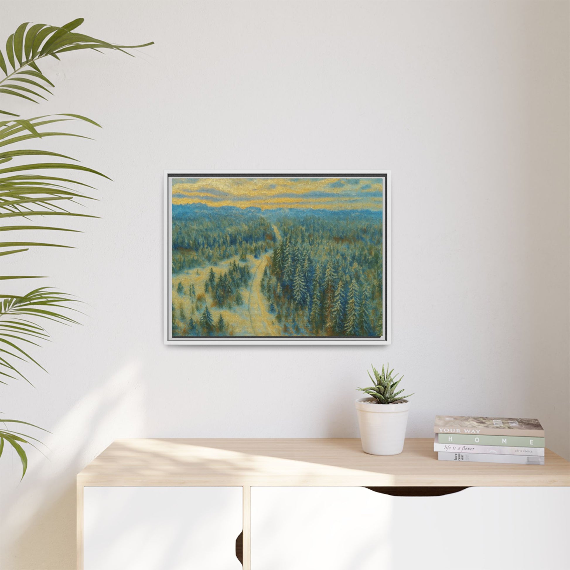 Framed matte canvas print of a serene winter forest landscape by Printify, showcasing snow-covered trees and peaceful scenery.