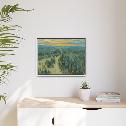 Framed matte canvas print of a serene winter forest landscape by Printify, showcasing snow-covered trees and peaceful scenery.