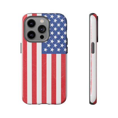 Durable American flag phone case for iPhone, featuring a patriotic design and tough protective build by Printify.