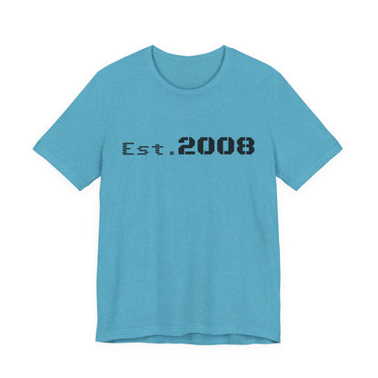 Black graphic T-shirt by Printify featuring "Established 2008" minimal design on the front, casual and stylish for everyday wear.