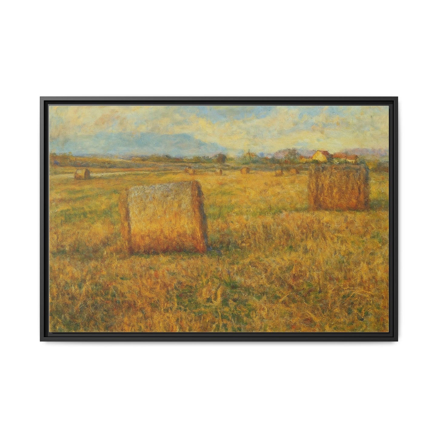 Framed matte canvas wall art featuring a rustic hayfield landscape print by Printify.