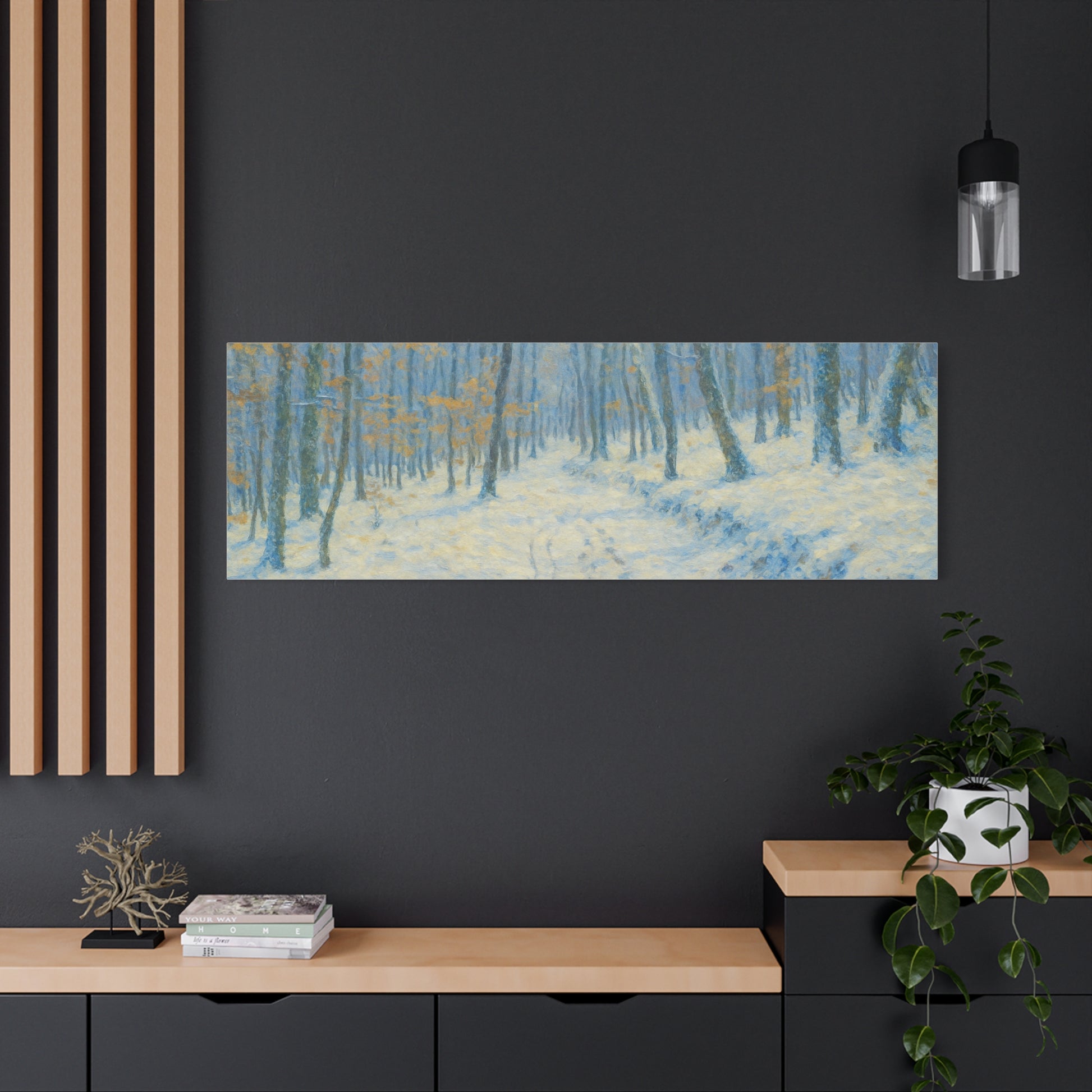 Winter woodland canvas print by Printify featuring a snowy forest scene on a matte stretched wall art piece.