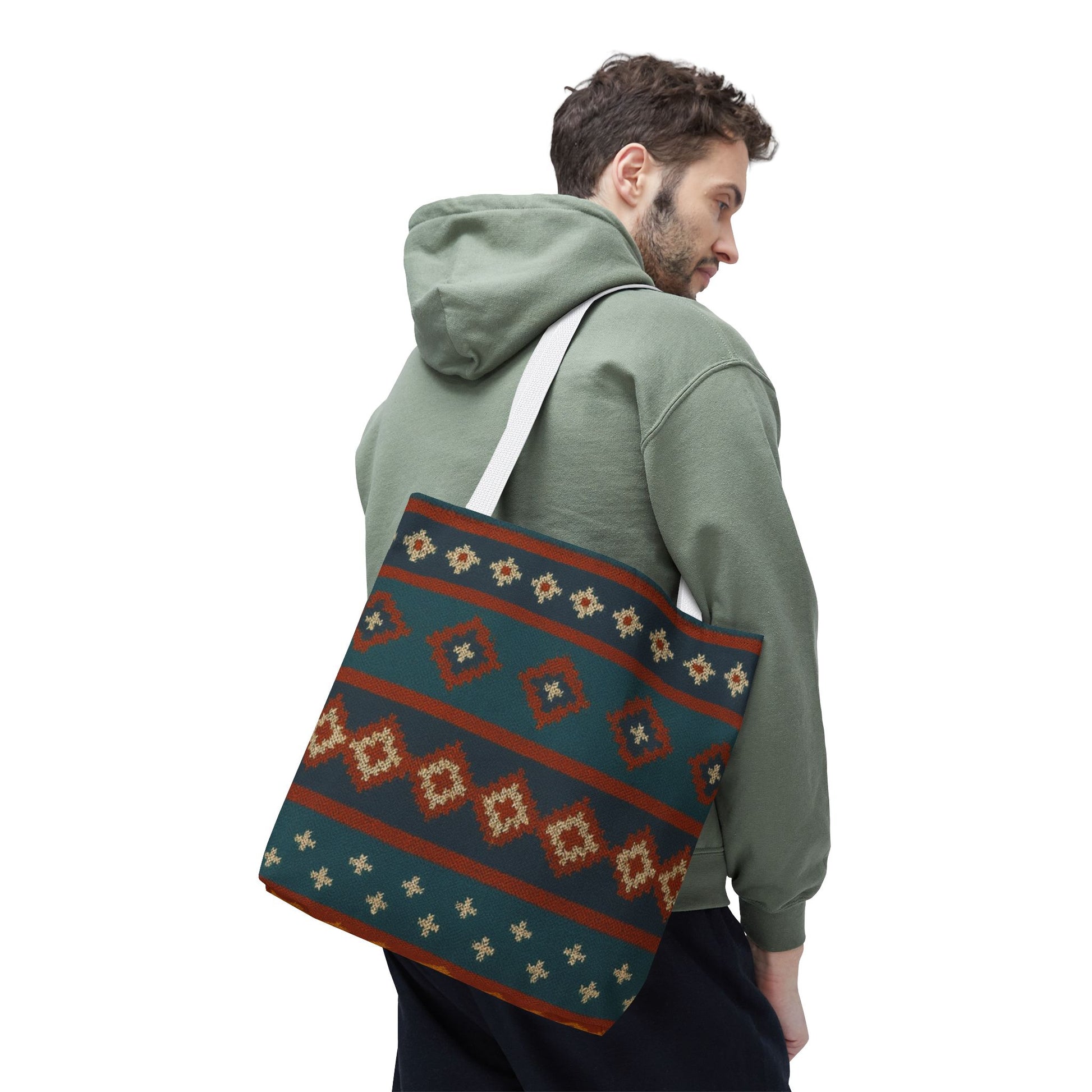 Southwestern diamond pattern tote bag with Aztec tribal geometric print, made by Printify, showing a stylish and spacious carryall bag.