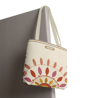 Boho floral mandala tote bag with pastel sunburst pattern, made by Printify, featuring vibrant, artistic design and spacious interior.