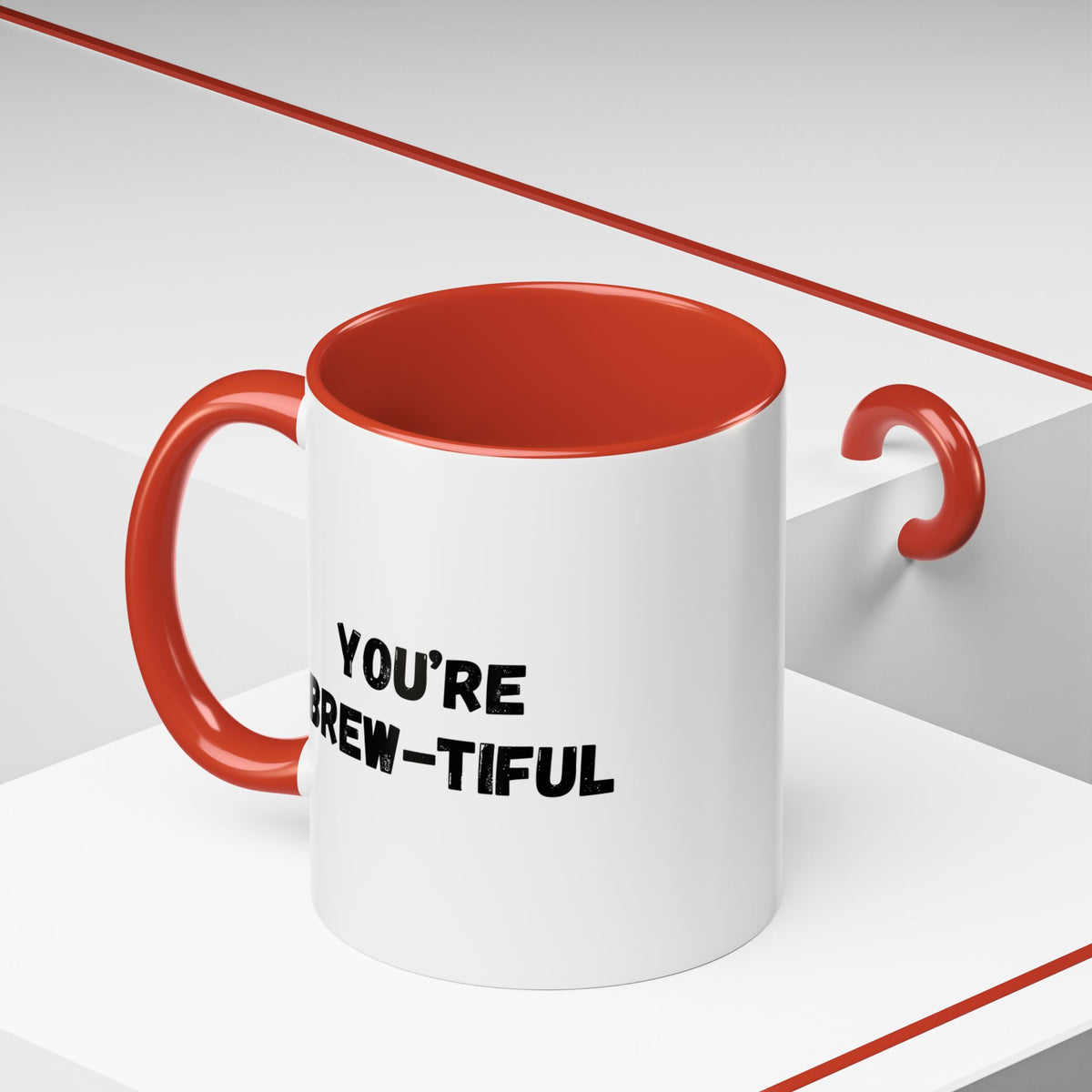 You’re Brew-tiful Coffee Mug – Cute Coffee Pun Accent Mug (11/15oz) — white ceramic accent mug with glossy finish and bold black “YOU’RE BREW-TIFUL” print, additional angle