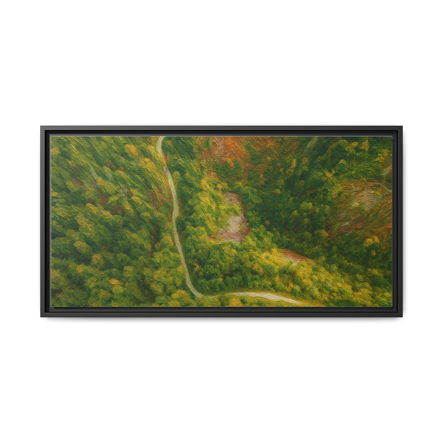 Colorful framed matte canvas wall art featuring an aerial view of a forest path landscape by Printify.