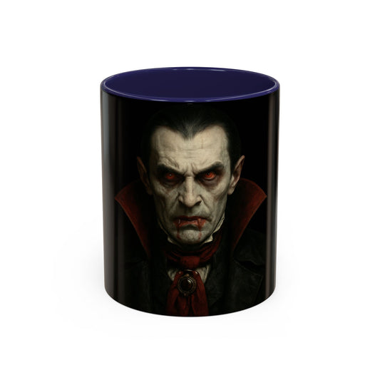 Gothic vampire portrait coffee mug with Dracula design, 11oz or 15oz size, Halloween-themed drinkware by Printify