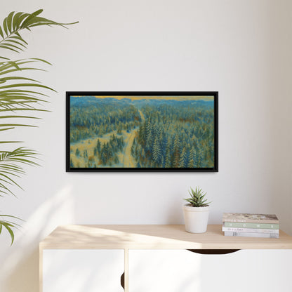 Framed matte canvas print of a serene winter forest landscape, showcasing snow-covered trees and peaceful natural scenery.