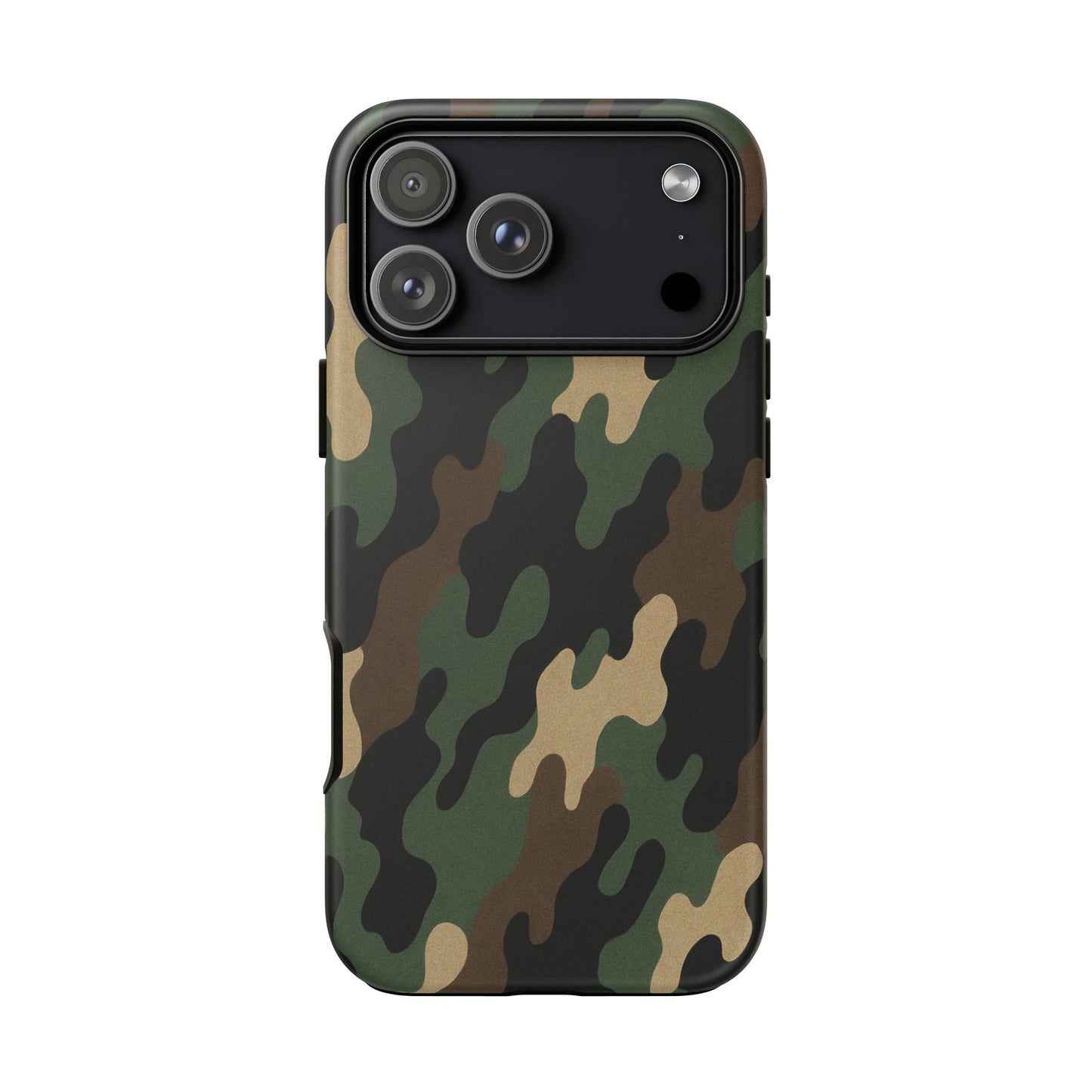 Camouflage tough phone case by Printify showing a rugged, camo design protecting a smartphone from scratches and impacts.