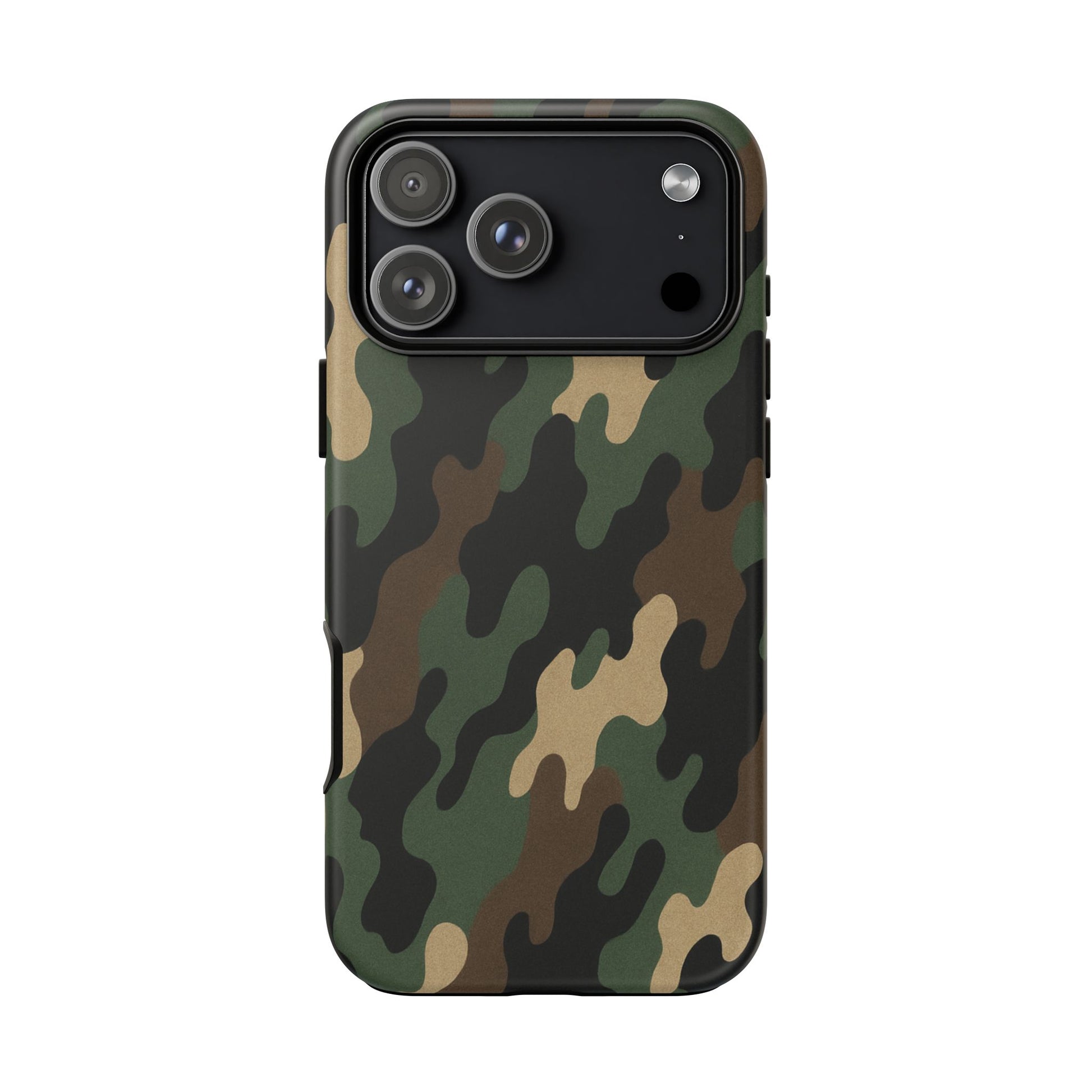 Camouflage tough phone case by Printify showing a rugged, camo design protecting a smartphone from scratches and impacts.