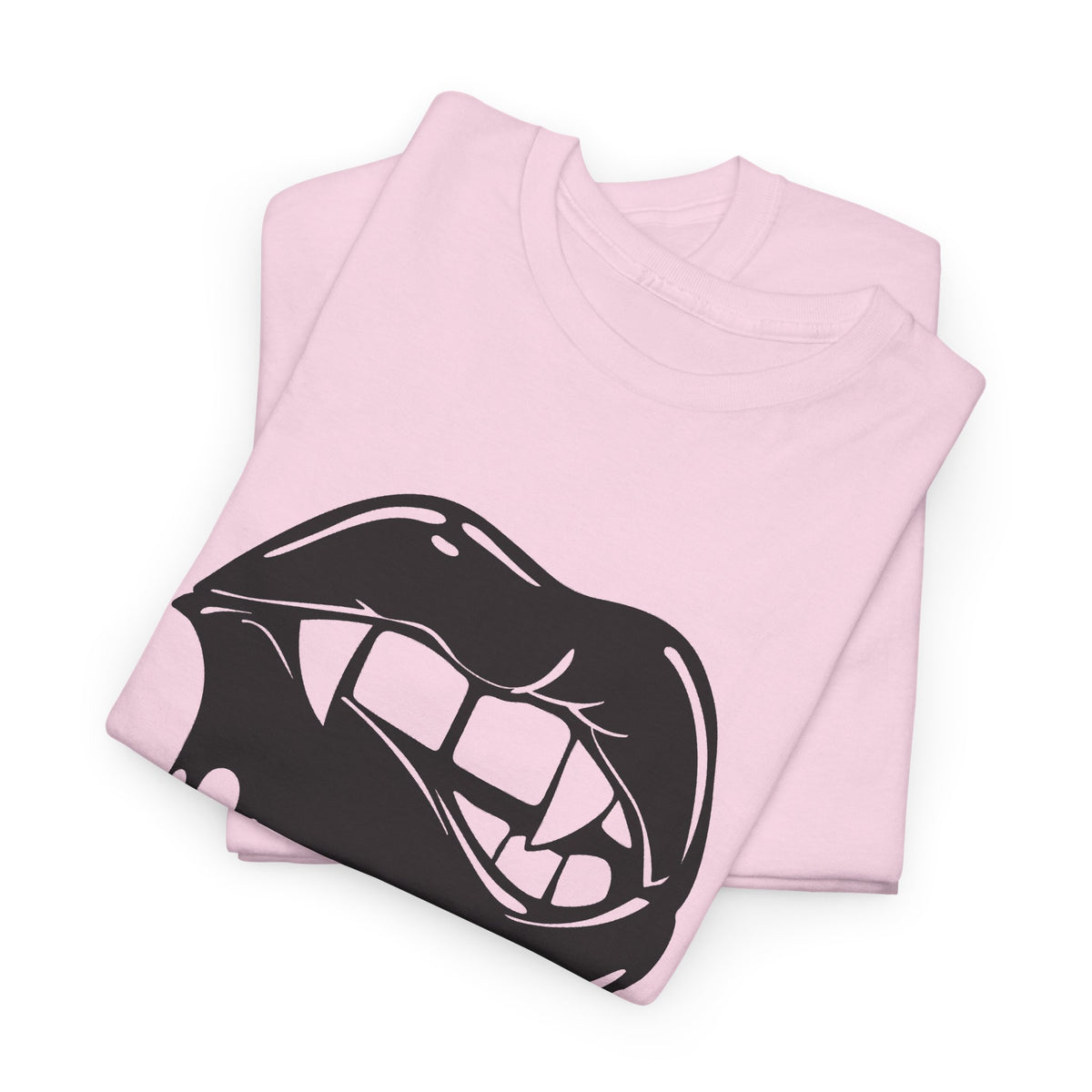 Graphic T-shirt with dripping lips and "hmm..." bite design, by Printify, featuring bold, artistic black and white lip graphic.