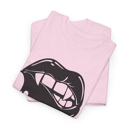 Graphic T-shirt with dripping lips and "hmm..." bite design, by Printify, featuring bold, artistic black and white lip graphic.