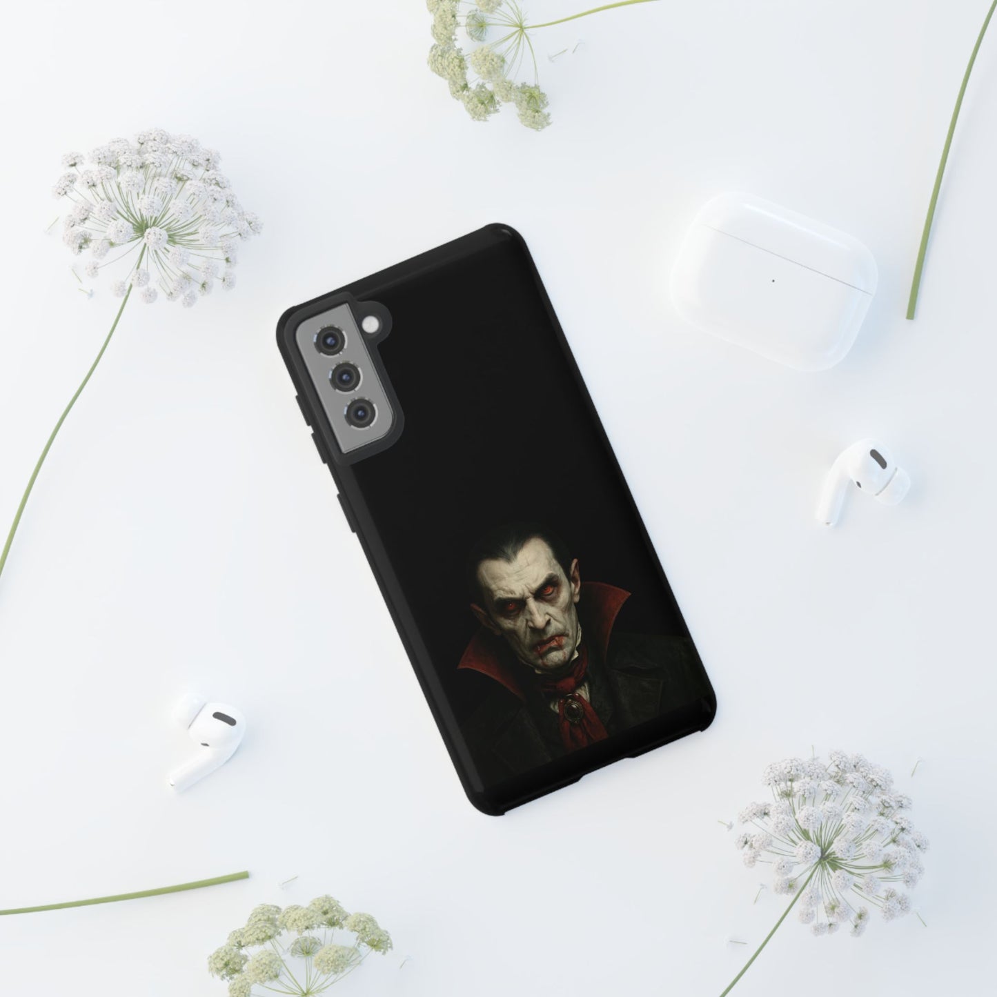 Gothic Dracula vampire portrait phone case for iPhone, featuring horror-themed vampire design by Printify.