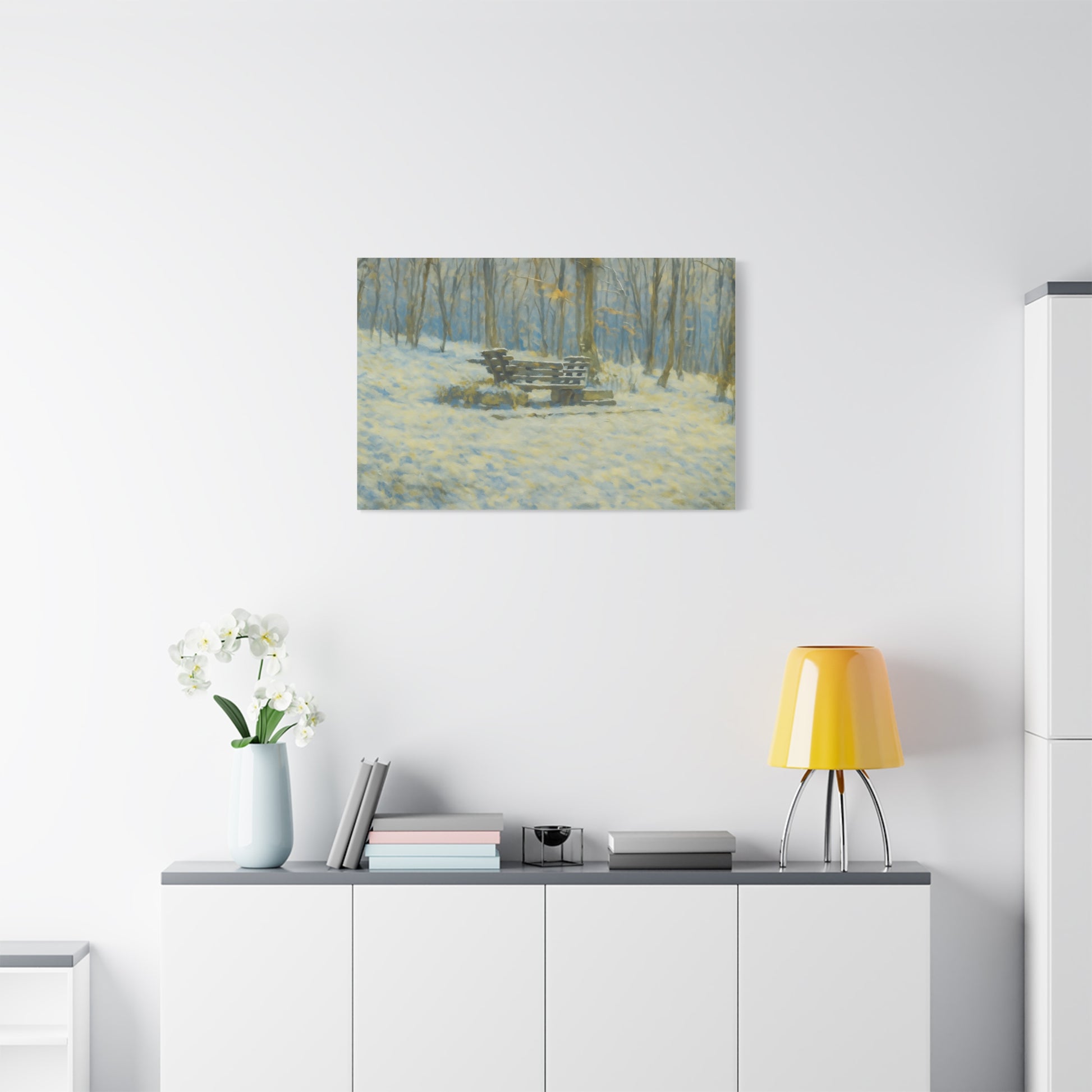 Winter woodland snowy park bench matte canvas print, stretched 1.25 inch, featuring a serene winter scene in a natural setting.