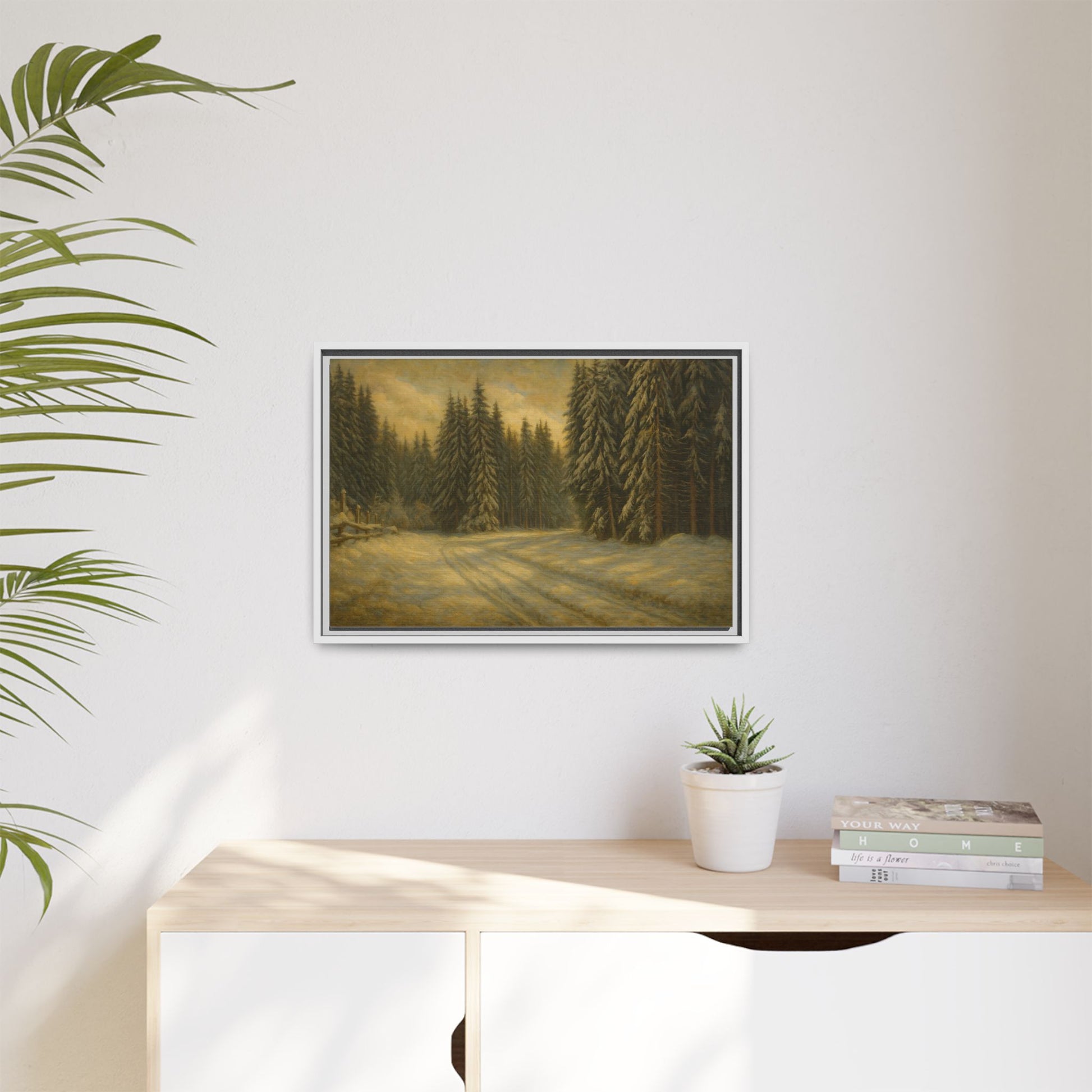 Framed matte canvas wall art of a winter forest landscape, featuring snowy trees and peaceful woodland scenery.