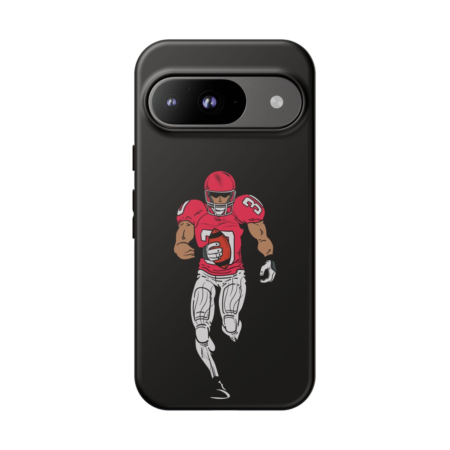 Black football player tough phone case for iPhone, protective sports design by Printify, featuring an athletic football scene.
