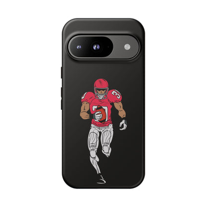 Black football player tough phone case for iPhone, protective sports design by Printify, featuring an athletic football scene.