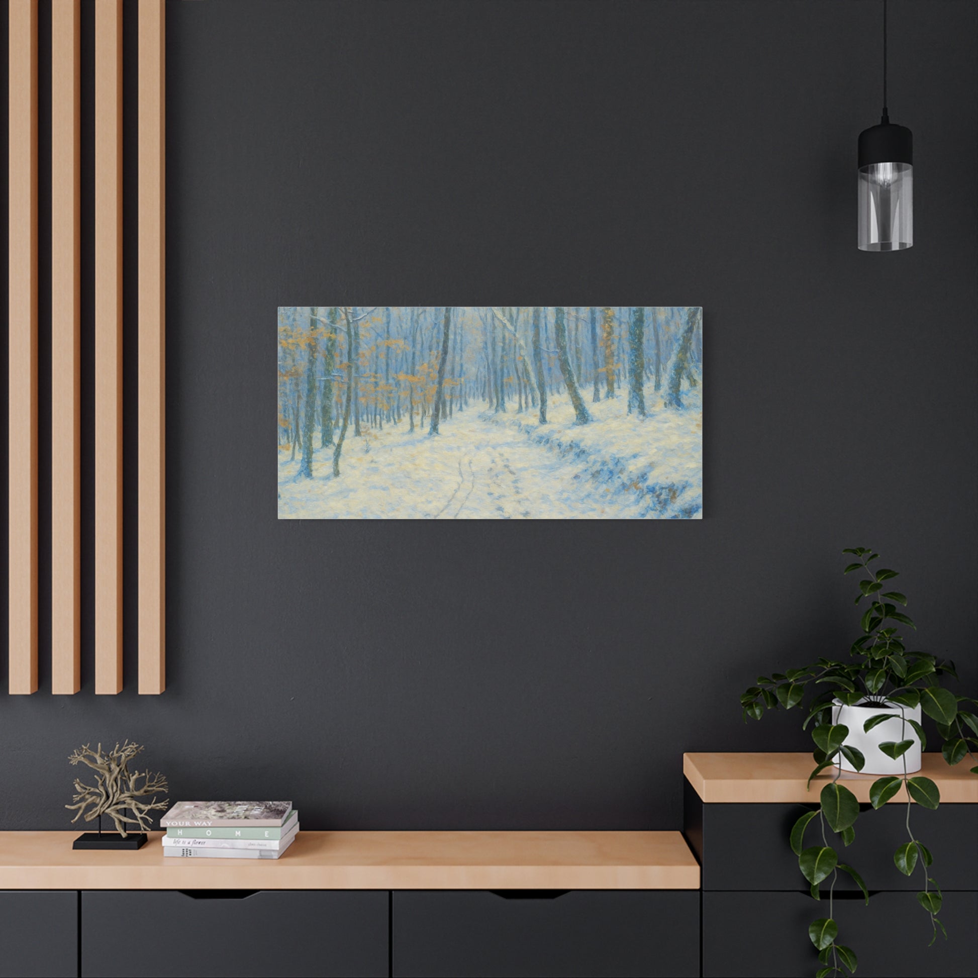 Winter woodland canvas print by Printify featuring a snowy forest scene on matte stretched wall art.