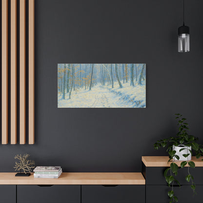 Winter woodland canvas print by Printify featuring a snowy forest scene on matte stretched wall art.