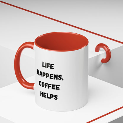 Black ceramic mug with "Life Happens Coffee Helps" text, 11/15oz size, with black handle and rim, by Printify.