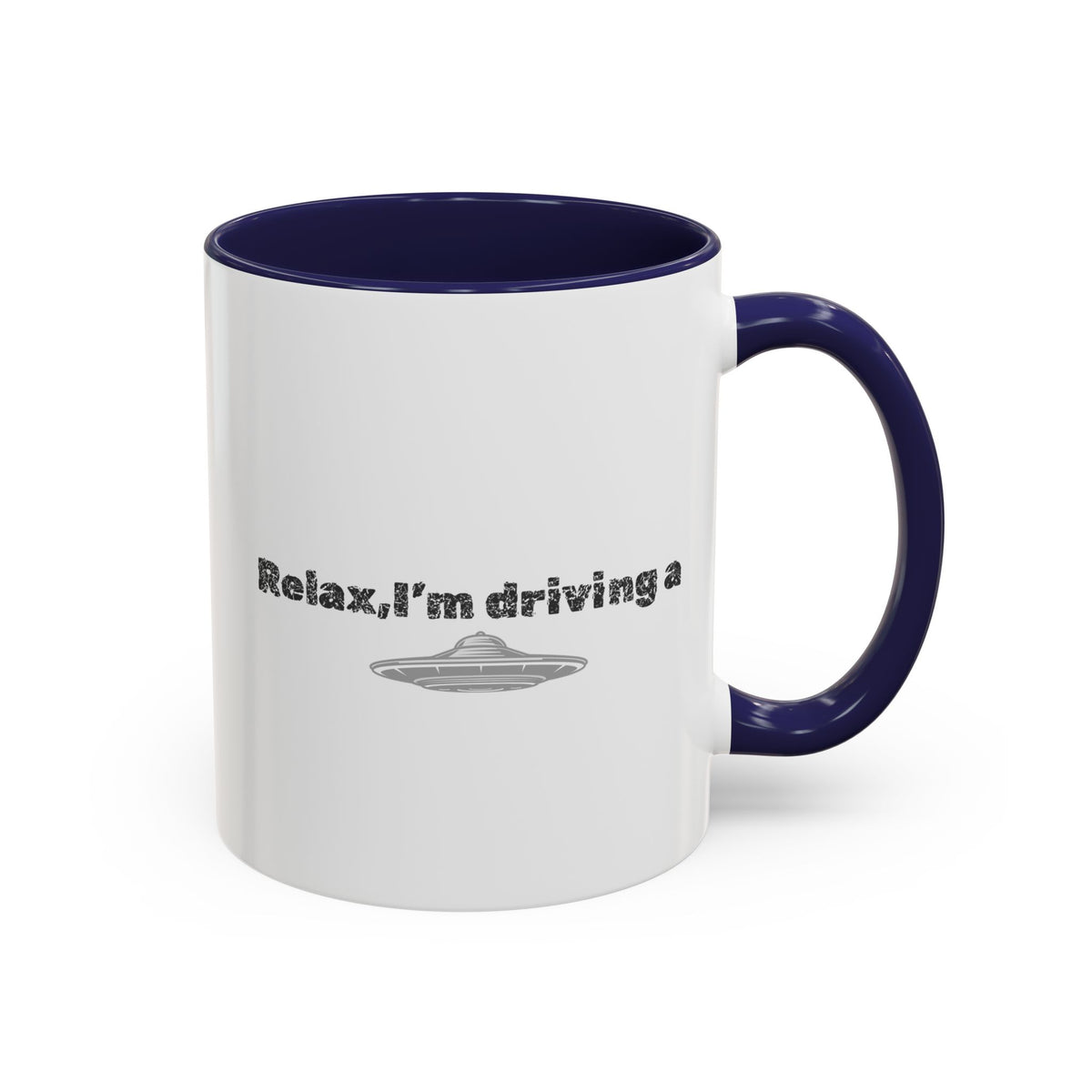 Ceramic coffee mug with "Relax, I’m Driving" UFO accent design, 11 oz, by Printify, featuring colorful extraterrestrial artwork.
