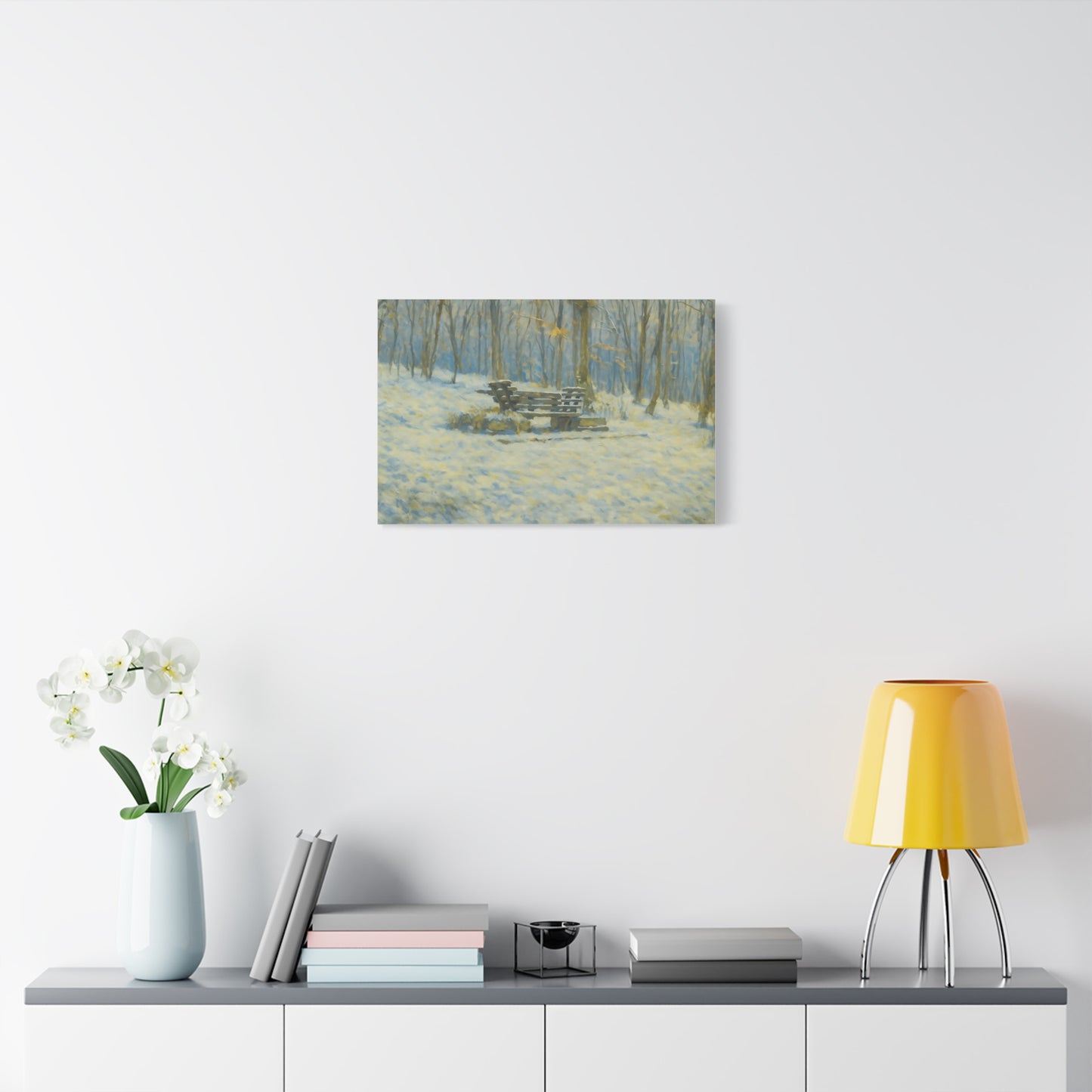 Snowy park bench matte canvas print featuring winter woodland scene, stretched 1.25-inch wall art by Printify