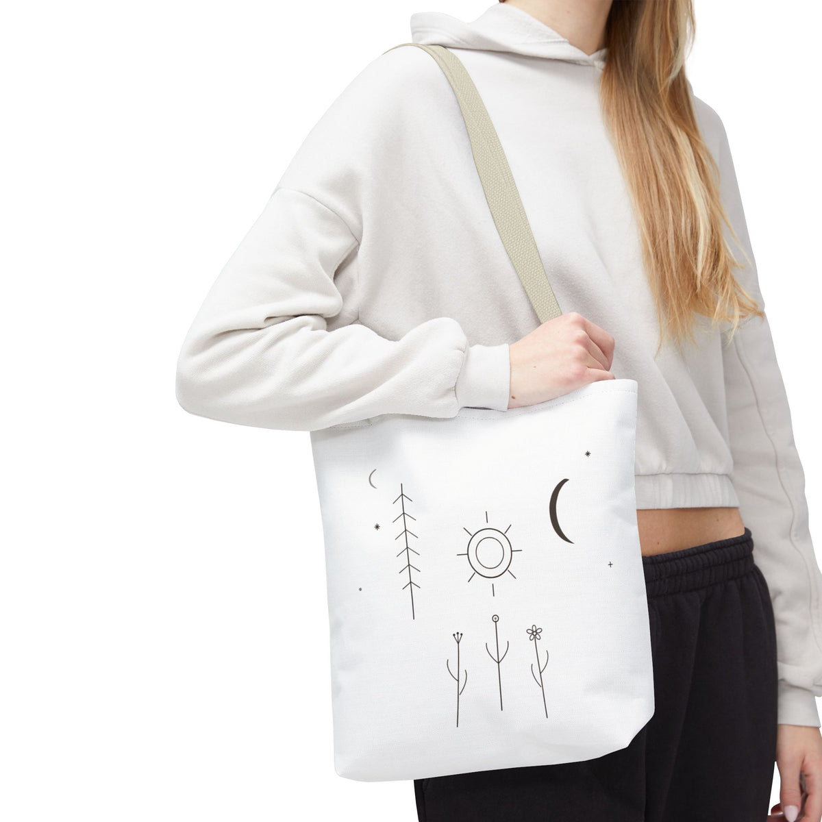 Minimal Moon and Sun botanical tote bag with celestial line art design, featuring nature-inspired print on eco-friendly fabric.