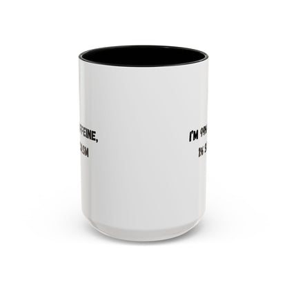 Ceramic coffee mug with "I'm 99% Caffeine, 1% Sarcasm" printed in black text, featuring a white background and sturdy handle.