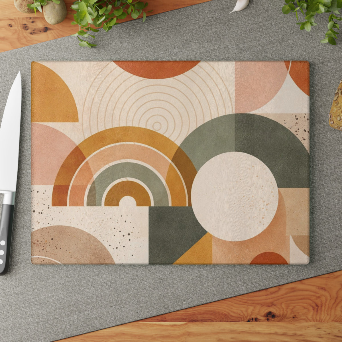 Mid-Century Geometric Glass Cutting Board – Retro Rainbow Kitchen Decor