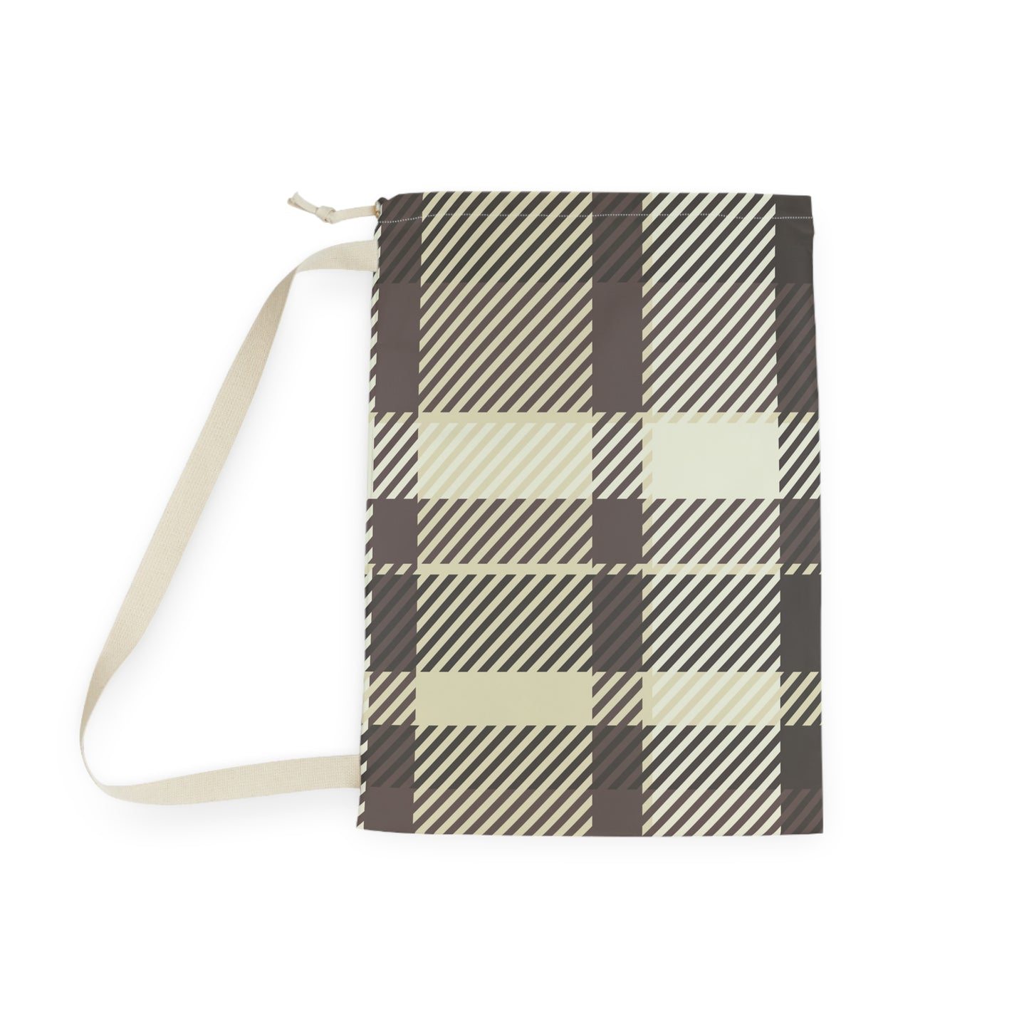 Plaid Laundry Bag — Beige & Brown Drawstring Wash Tote