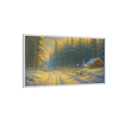 Framed winter cabin canvas print featuring a snowy forest sunset, wall art by Printify showcasing cozy winter scenery.