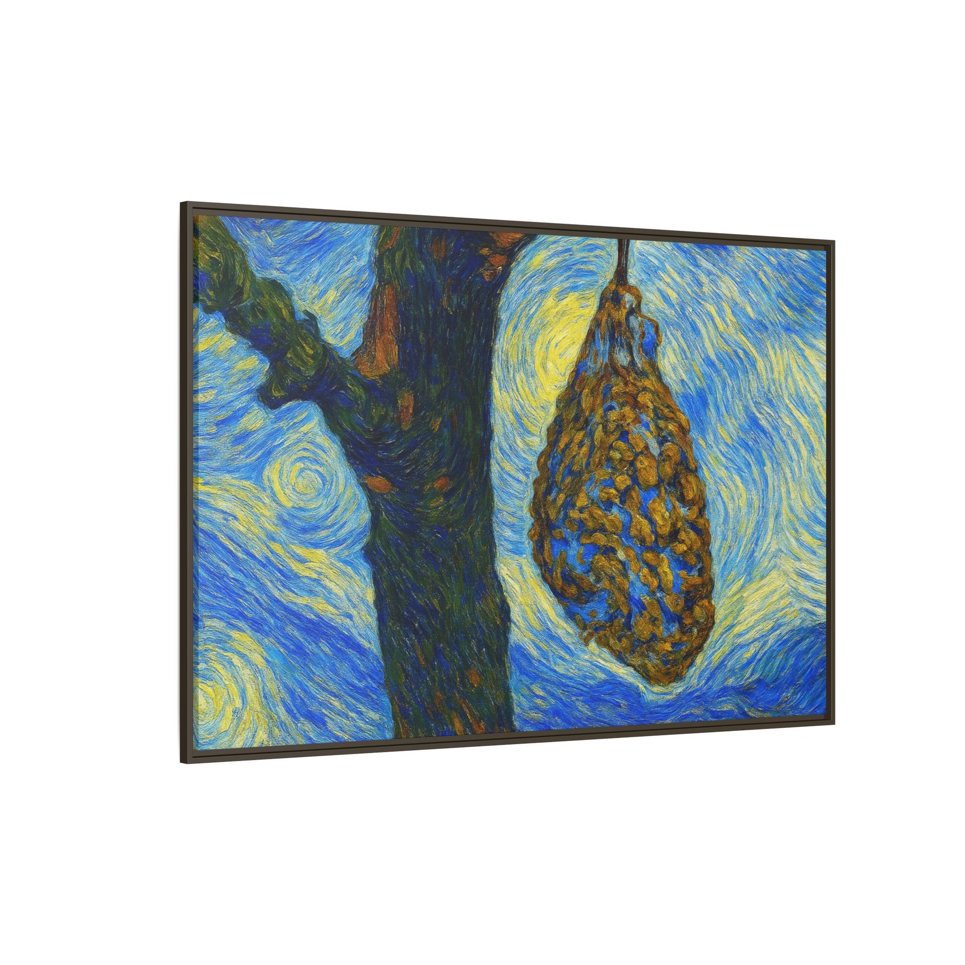 Framed matte canvas art of a starry nut cluster on a dried plum tree, by Printify, showcasing detailed natural imagery.